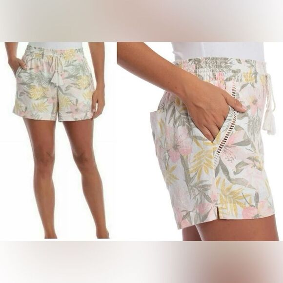Briggs Linen rayon Pull-On floral summer Shorts Pocket Drawstring hi rise boho S - Picture 1 of 9